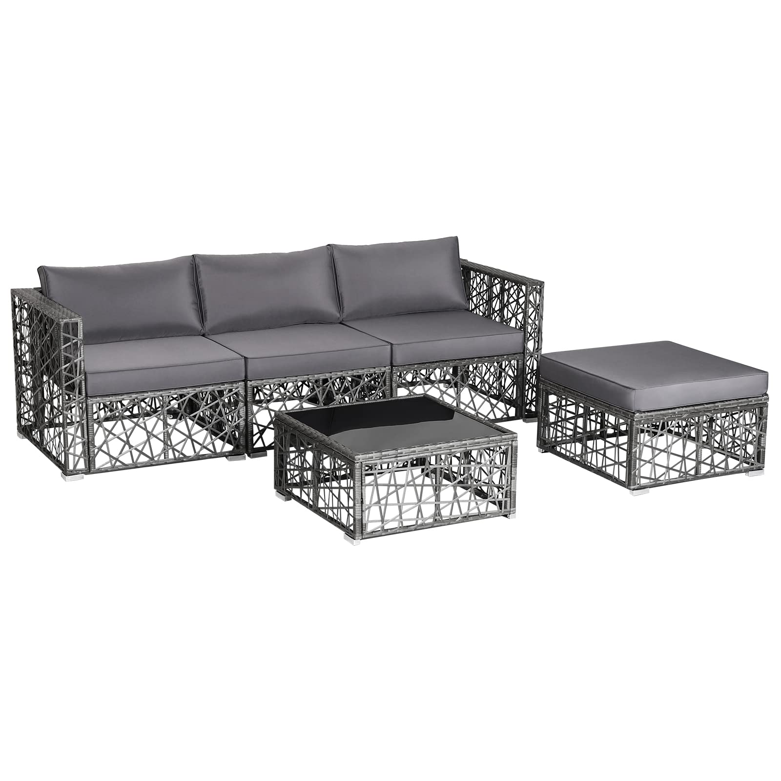 Tangkula Ensemble de mobilier de jardin 5 pièces, Patiojoy en rotin PE robuste toutes saisons (Gris)